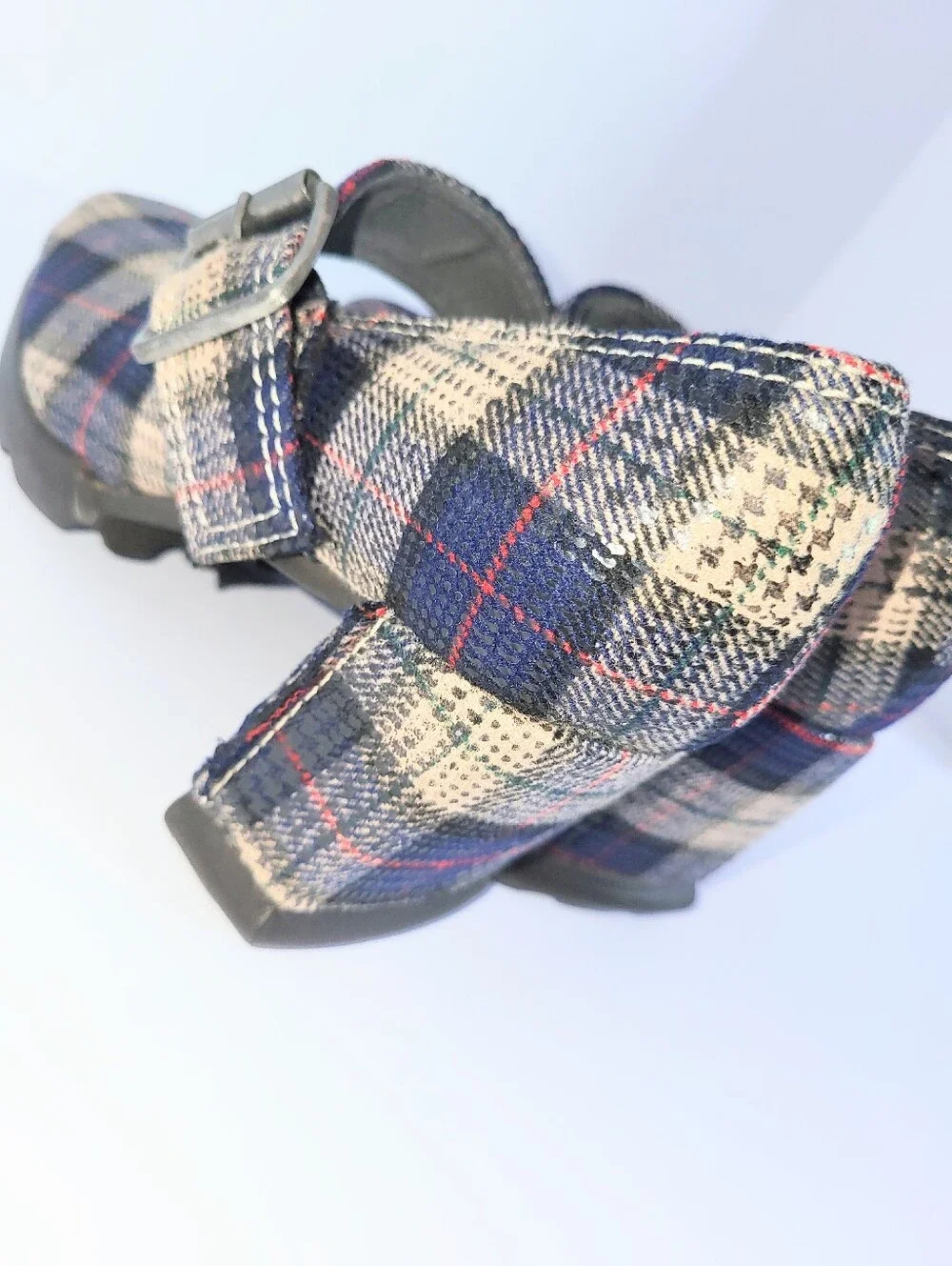 John Fluevog Benatar Blue Plaid Geometric Chunky Heel Mary Janes Size 7